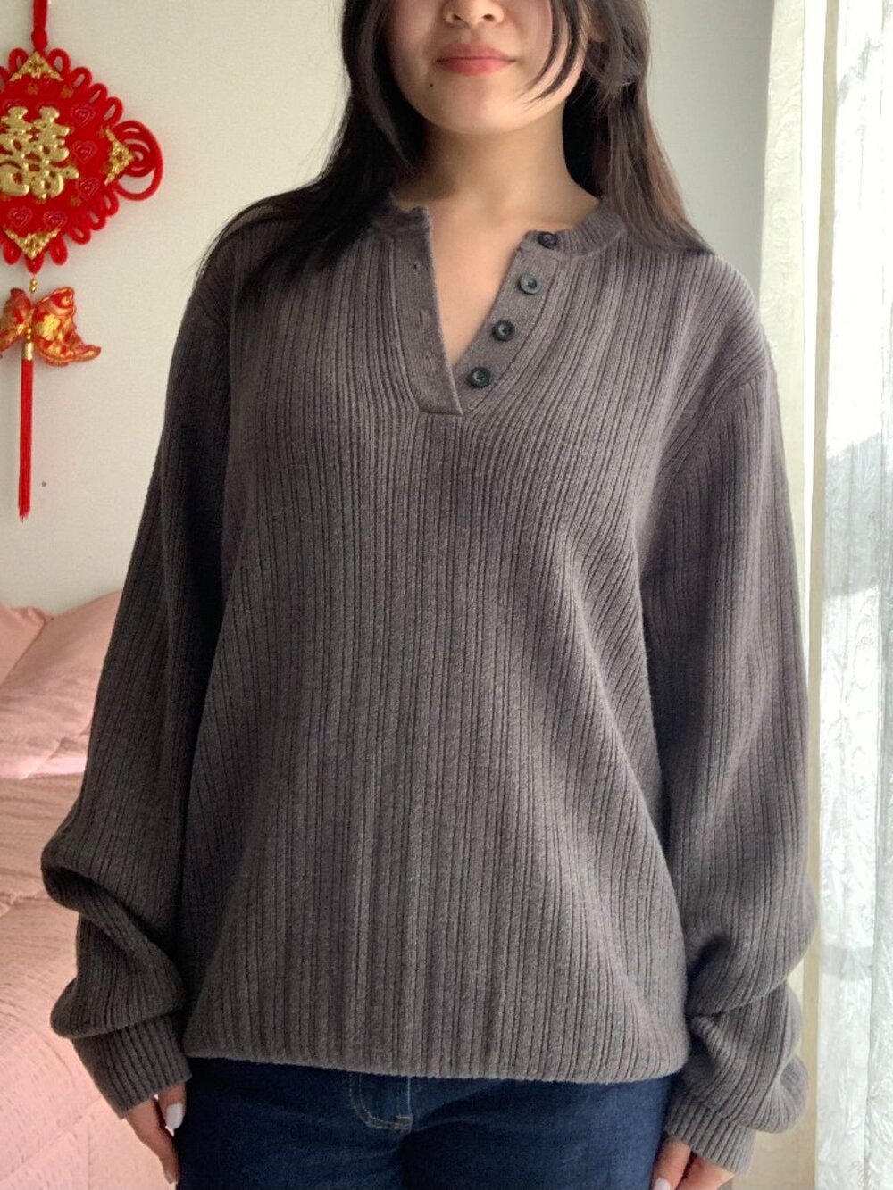 Cotton Brown-Gray Ribbed Henley Sweater